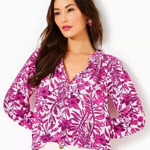 New Lilly Pulitzer Elsa Silk Top, Elderflower Blossom Lil Escape Plan